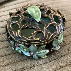 Michael Hero Trinket Box, Swarovski Crystals With Green Enamel Leaves
